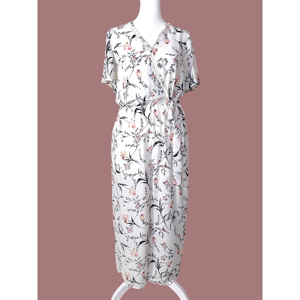 Sienna Sky Floral Wrap Jumpsuit Womens Medium White Cottagecore Short Sleeve